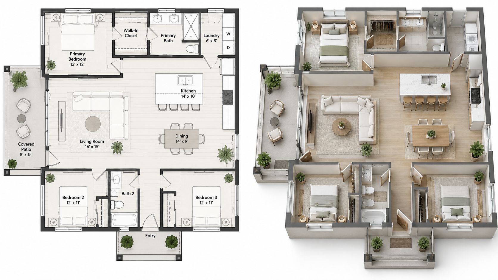 A 2D floor plan side-by-side with a 3D isometric architectural rendering of a three-bedroom apartment layout.