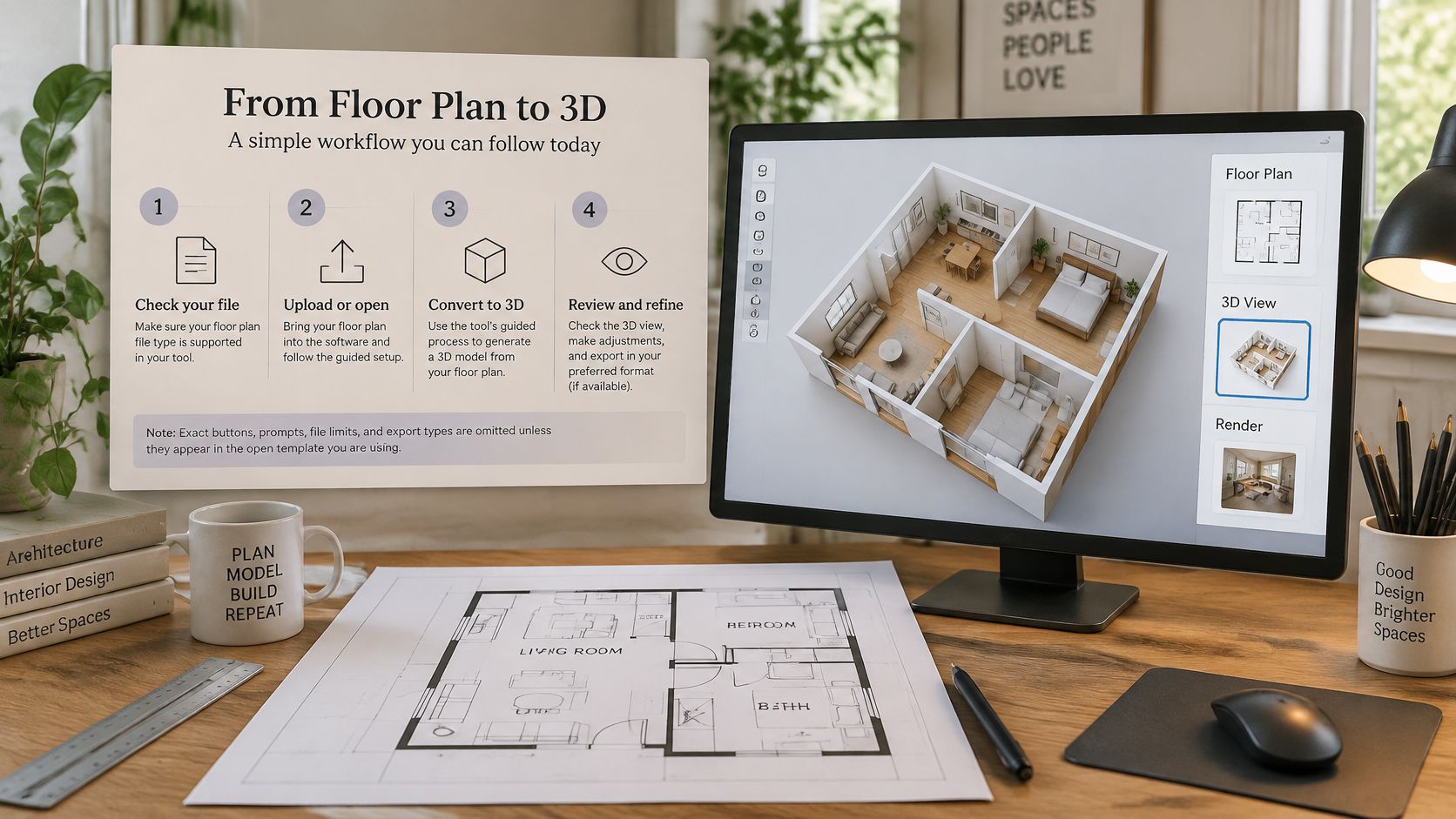 A digital workspace featuring a floor plan, a computer monitor displaying 3D architecture, and design tools.