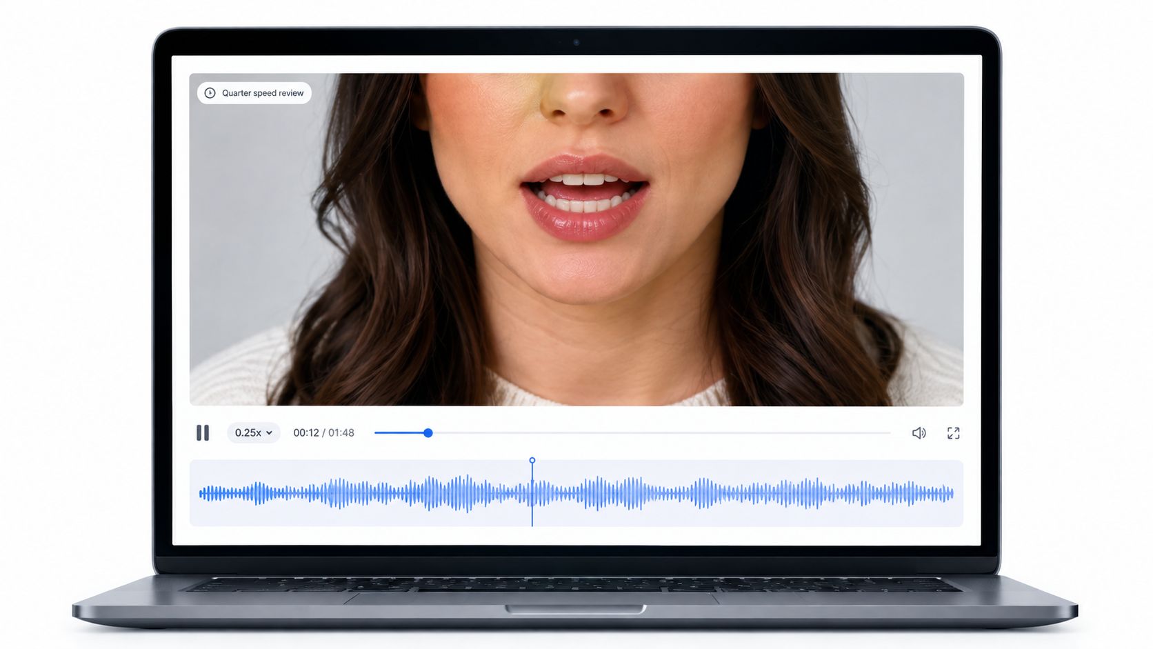A close-up of a person speaking on a laptop screen with video editing playback controls visible.
