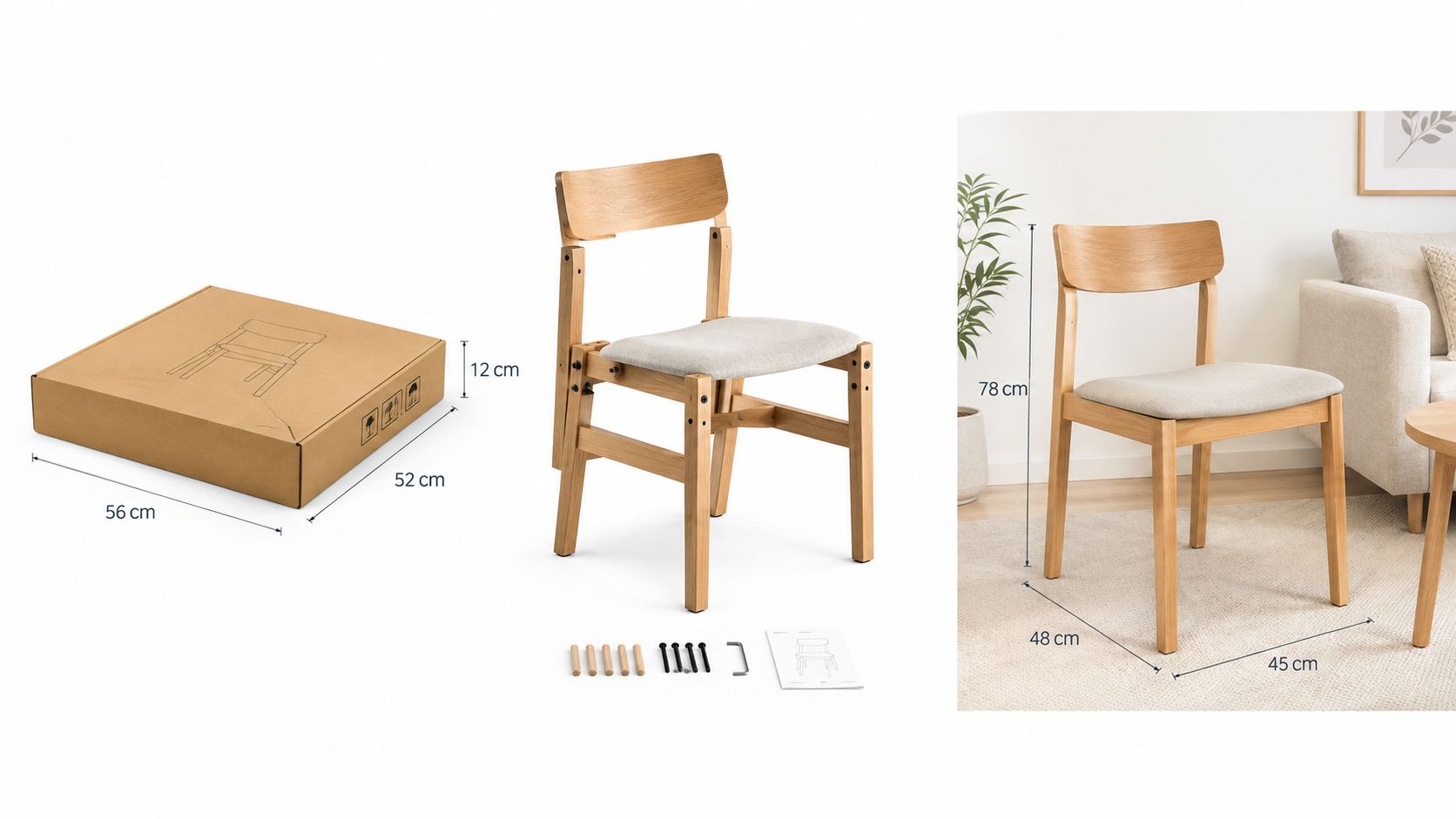 A modern wooden dining chair shown in its box packaging, assembled state, and fully furnished interior setting.