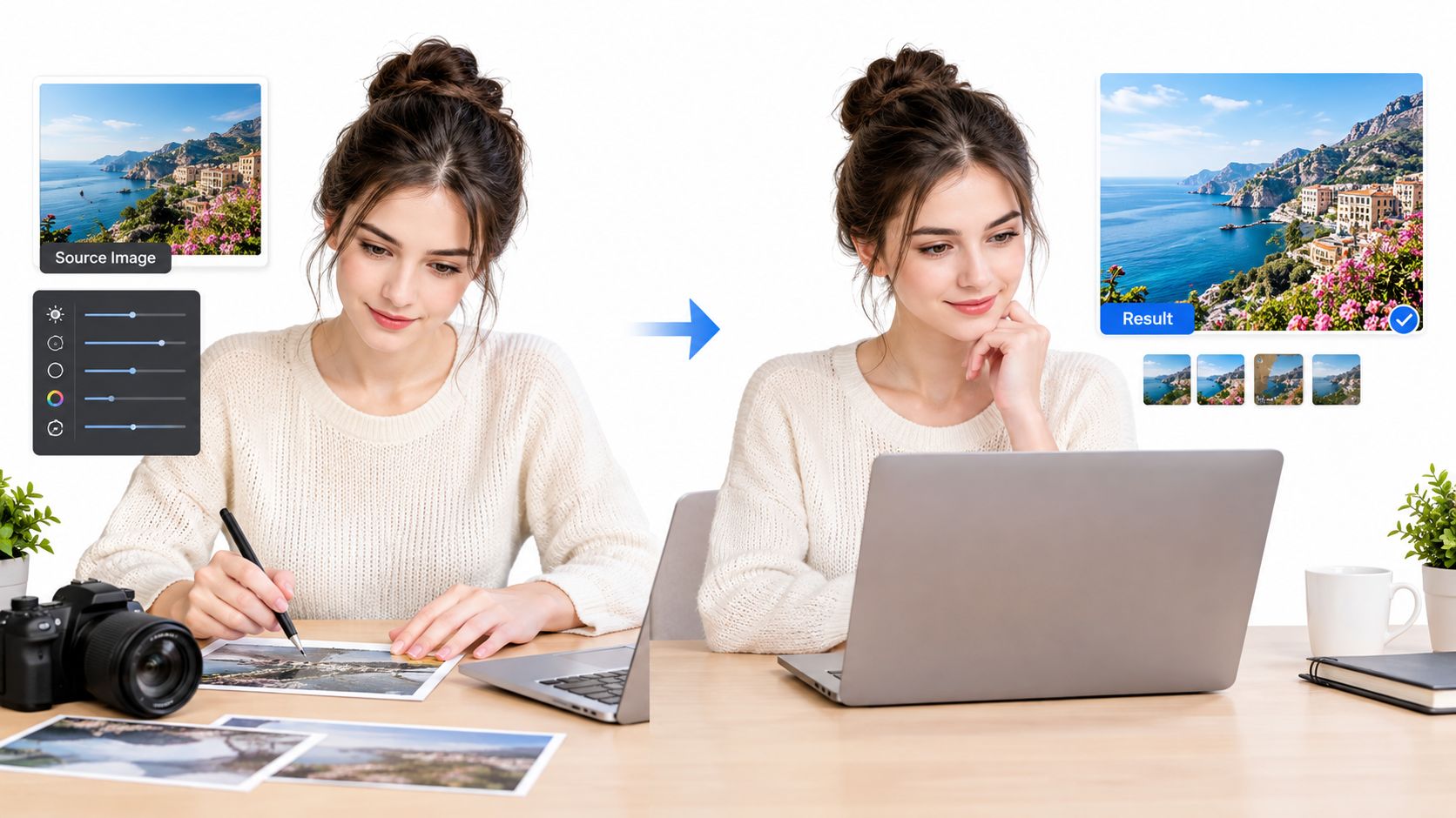 A woman edits a landscape photo on her laptop, showcasing digital photo enhancement and retouching processes.
