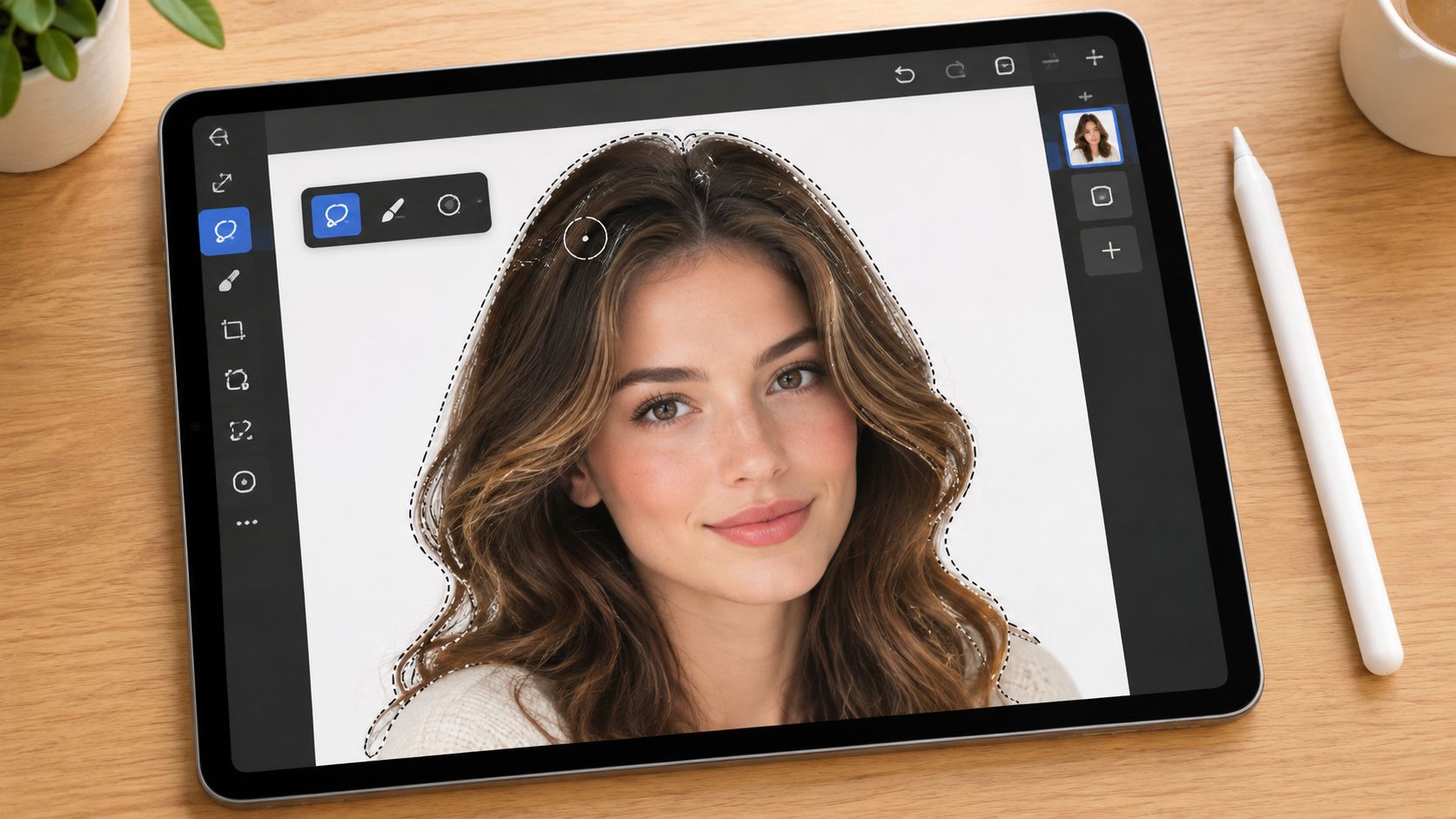A digital tablet displaying a photo editing application used to isolate a woman's hair for editing.