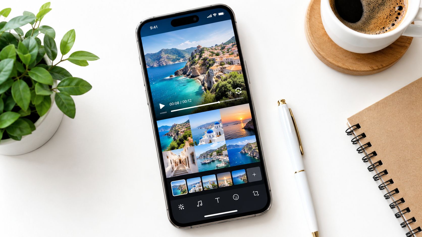 An iPhone displaying a video editing application with photos of Greece on a white desk workspace.