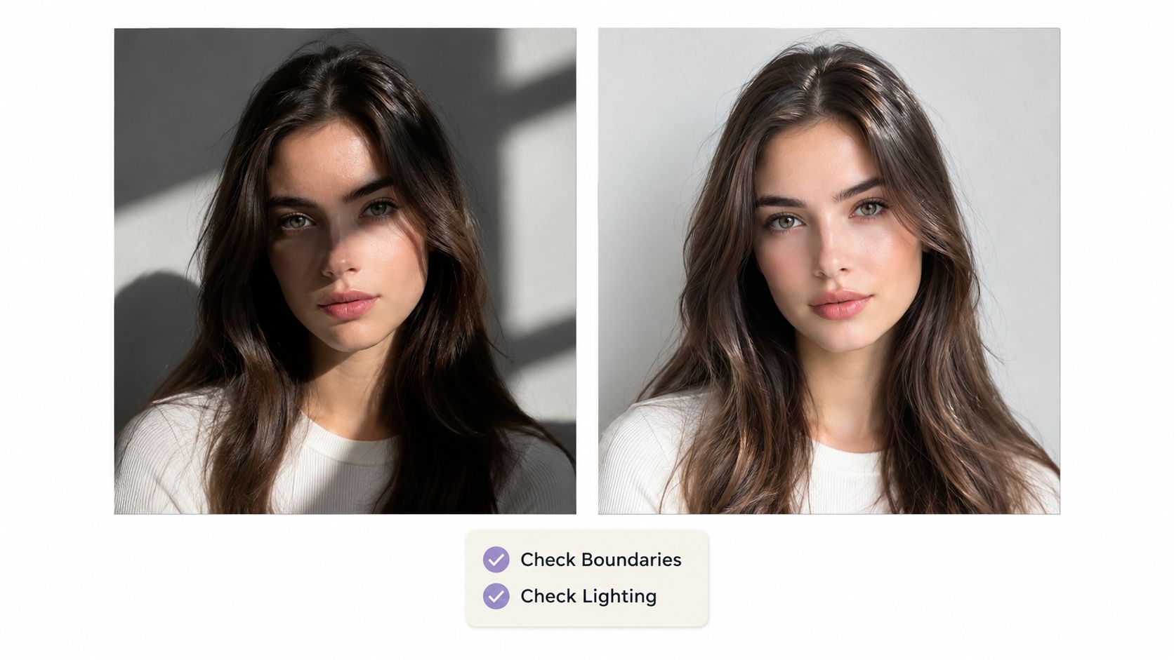 A side-by-side comparison of a woman showing a photo editing process to add hair to her portrait.