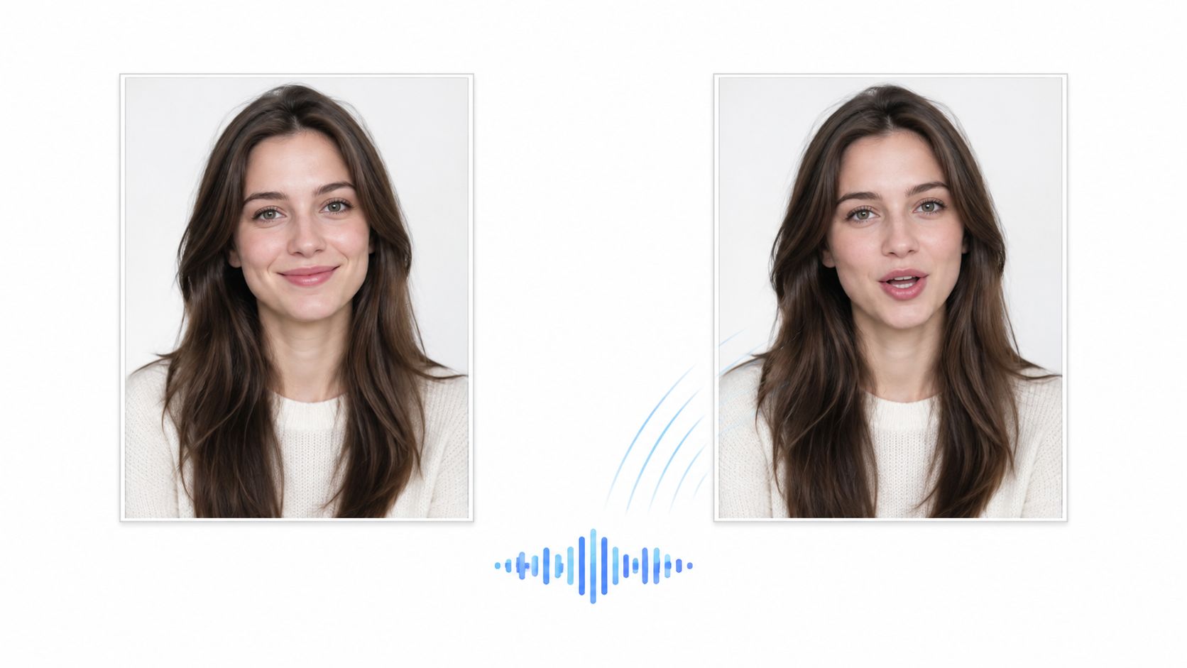 A split image showing a woman with a closed mouth and an open mouth next to a soundwave.