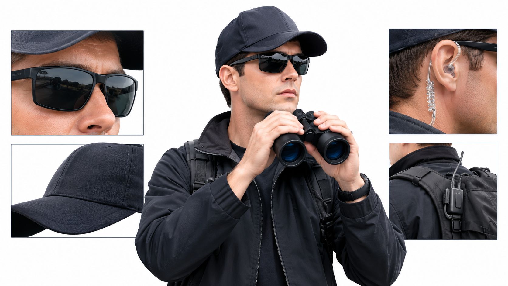 A professional security agent wearing a cap, sunglasses, and an earpiece while holding binoculars.