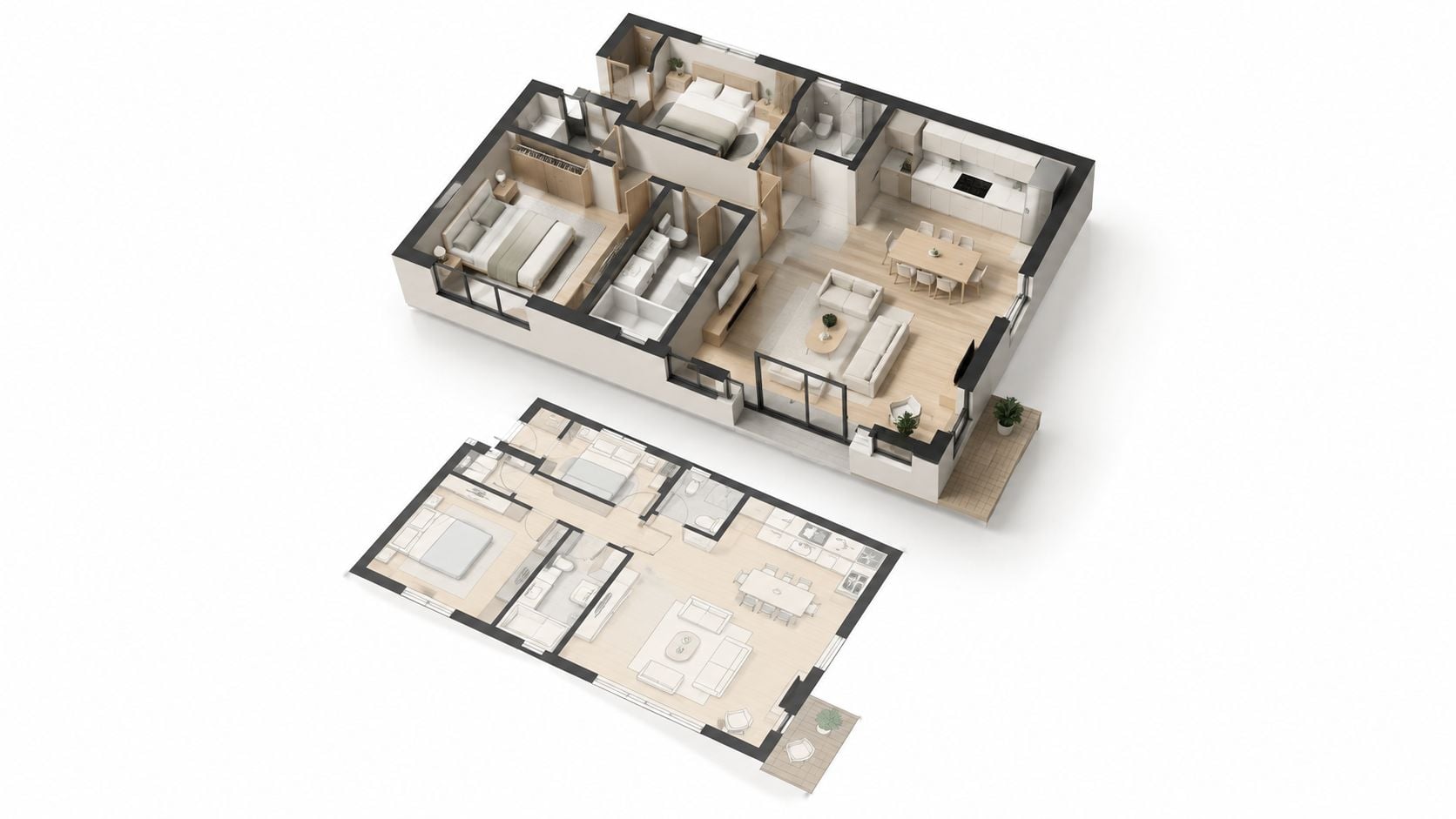 A 3D floor plan layout showing a two-bedroom apartment with a living area, kitchen, and balcony.