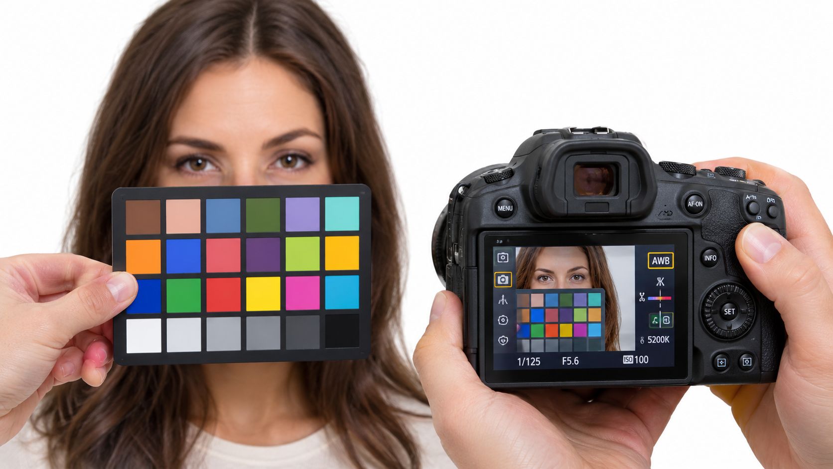 A photographer holds a camera while a person holds a color checker card for white balance calibration.