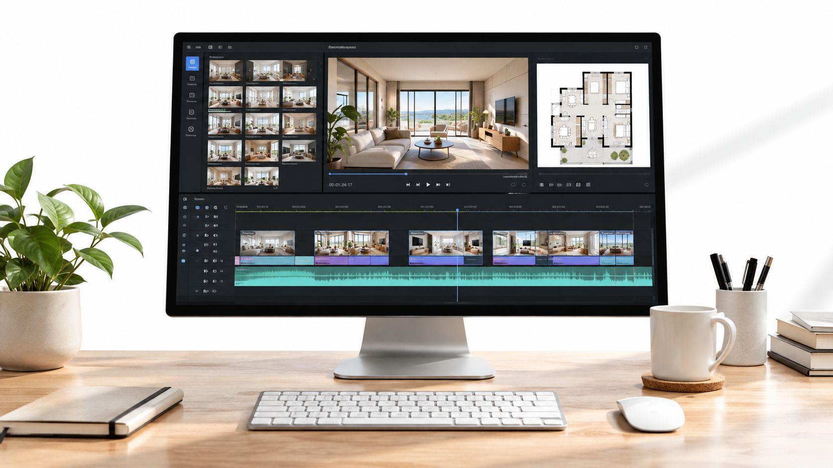 A modern computer screen displaying a professional real estate virtual walk through video editing software interface.
