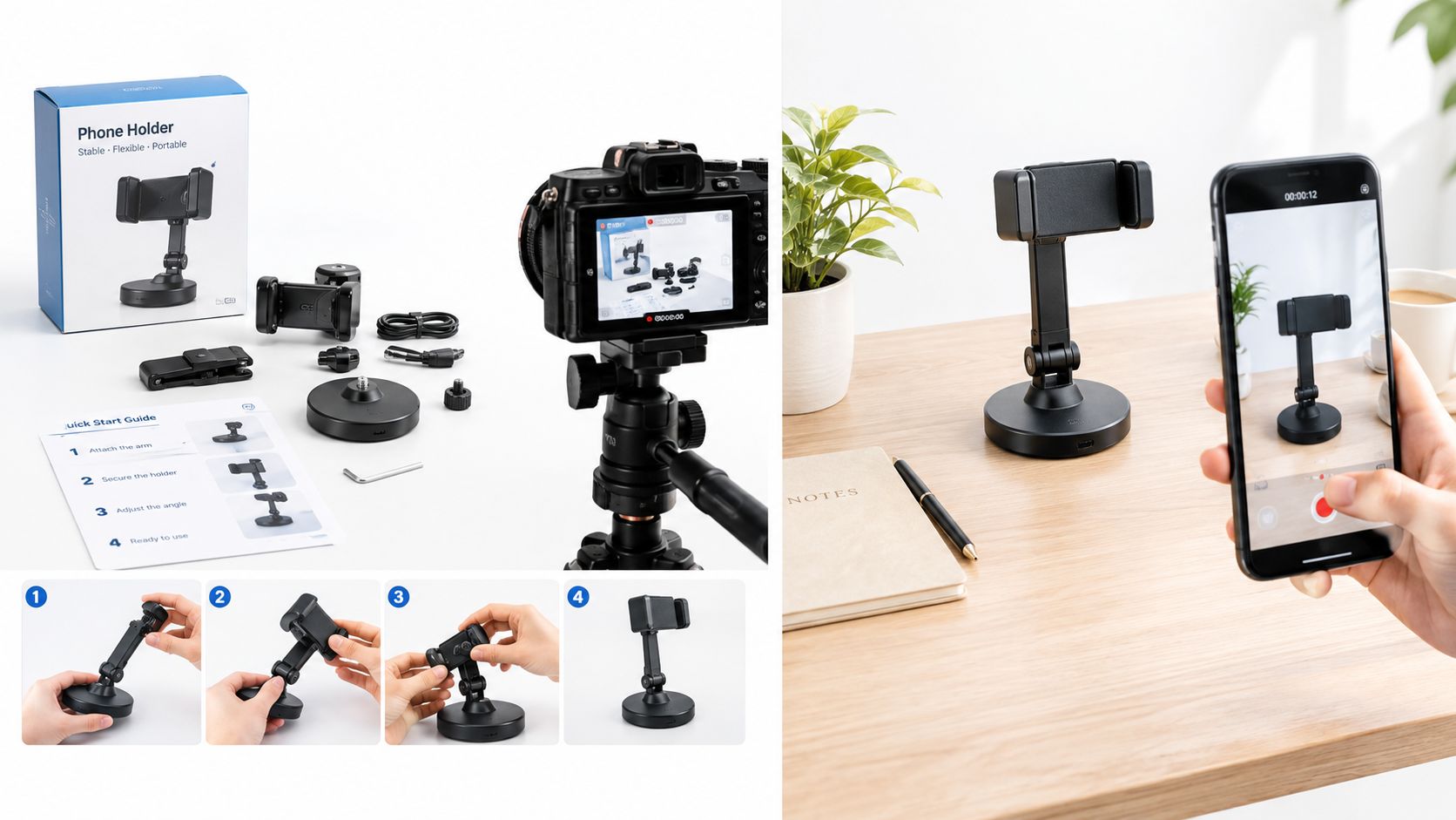 A professional phone holder kit for product video production with its components, assembly instructions, and desk setup.