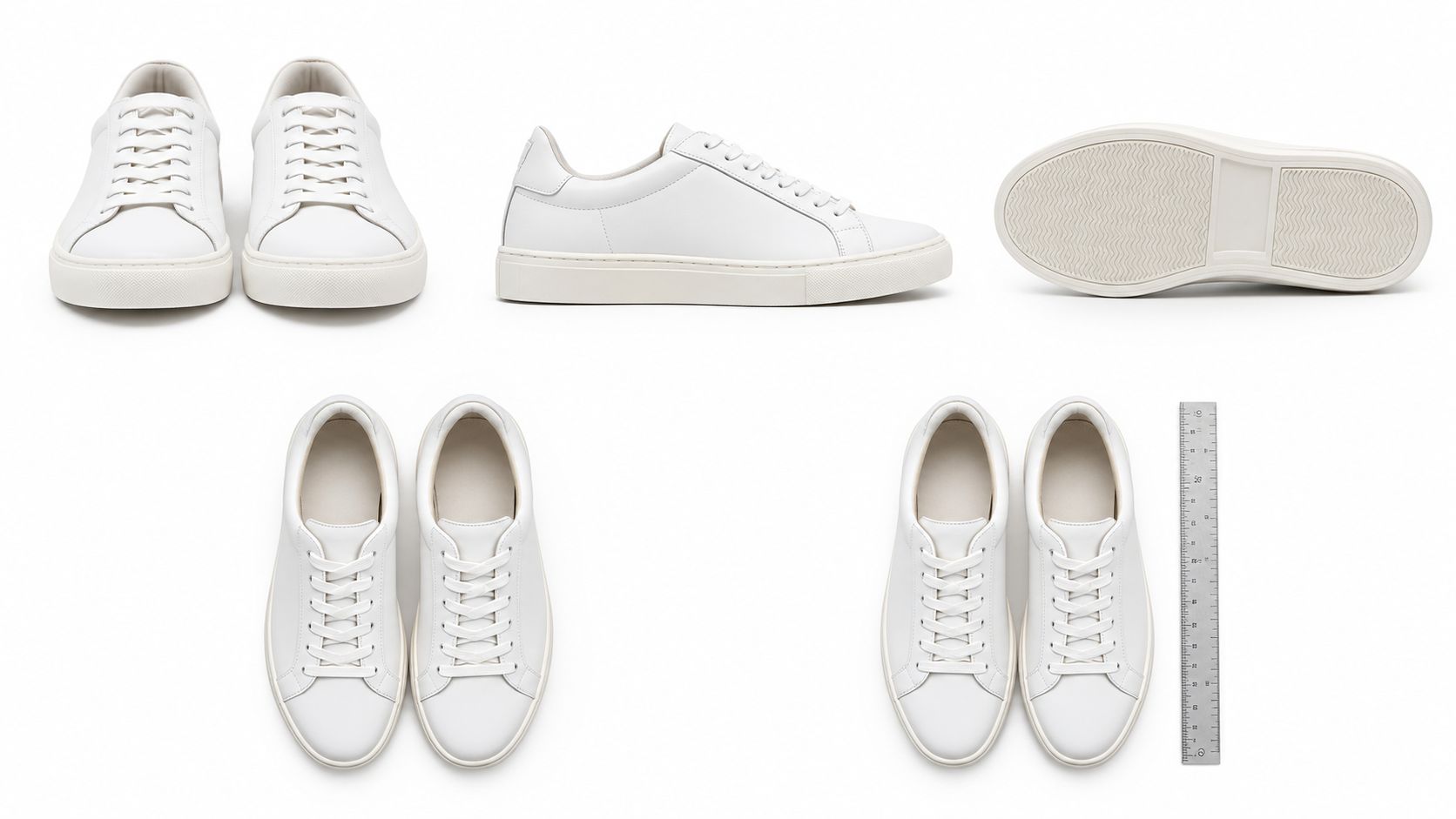 A display of white minimalist leather sneakers shown from multiple angles including side, top, and sole views.