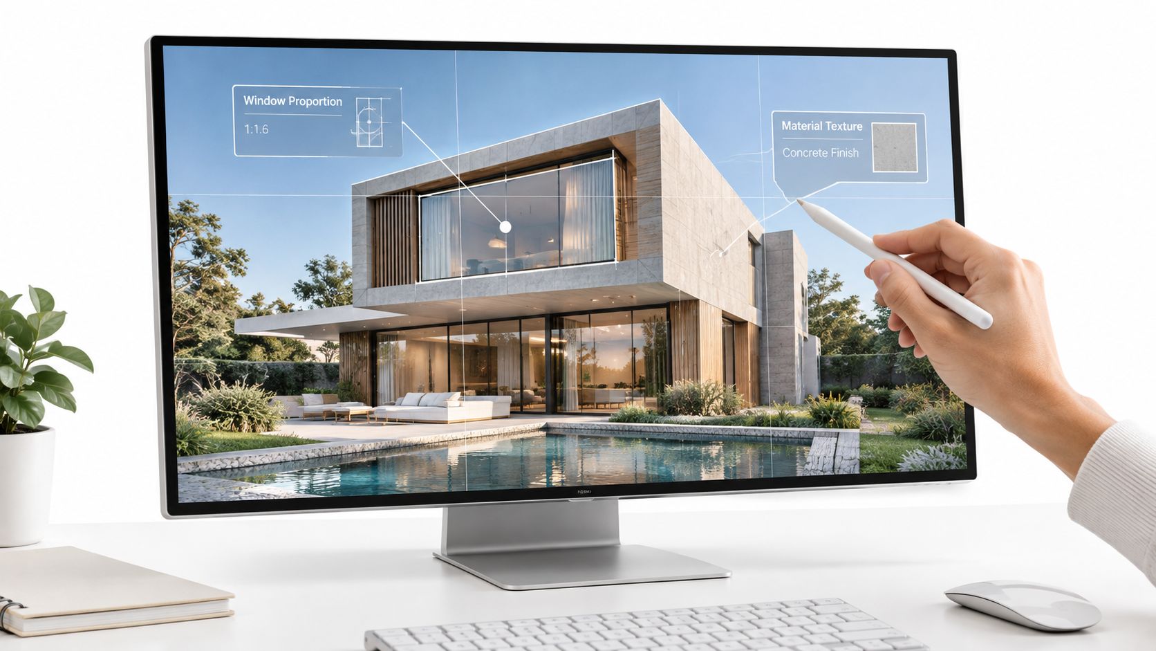 A hand using a digital pen to edit an architectural rendering of a modern luxury house on a monitor.