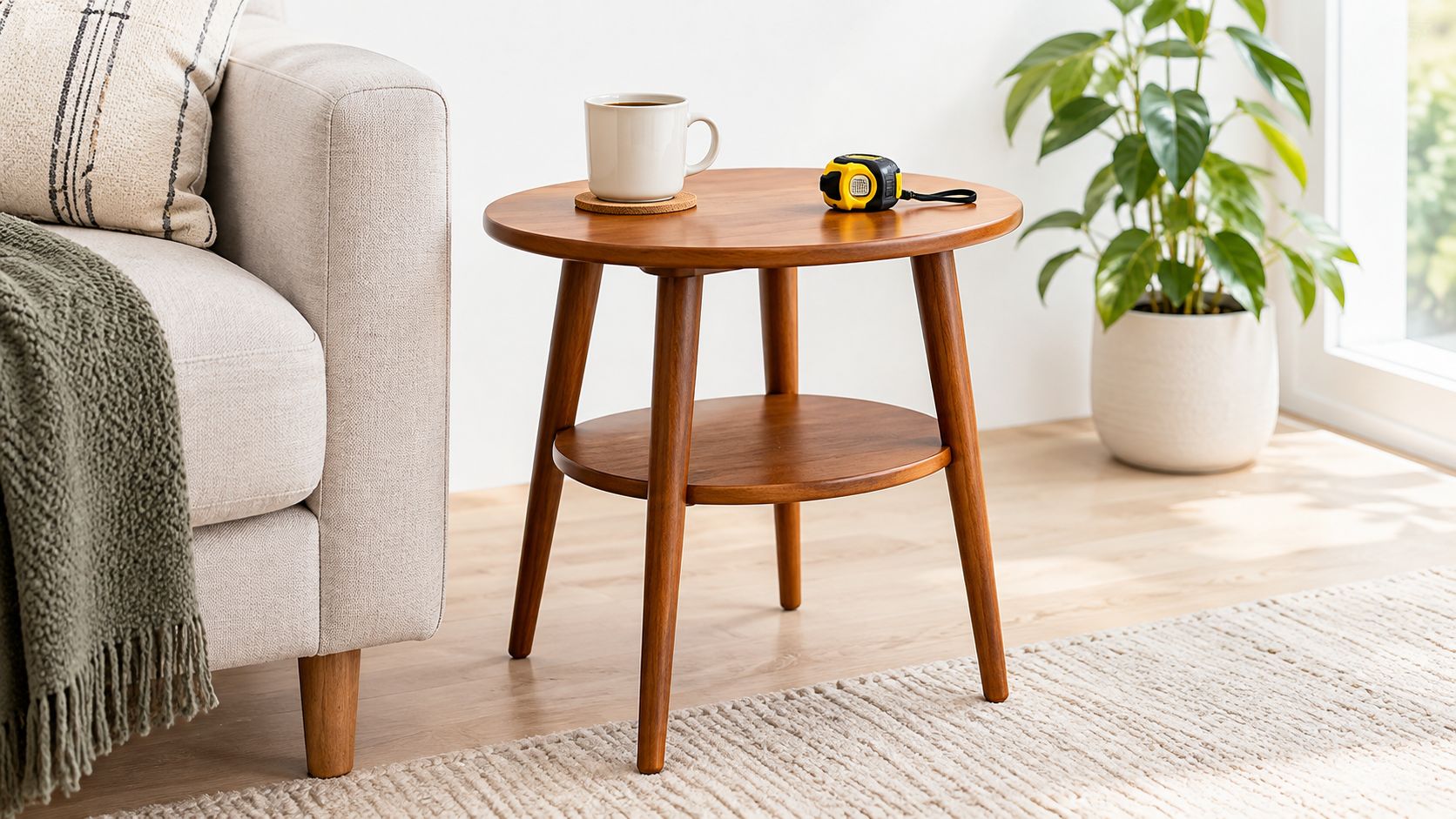A modern round wooden side table with a mug and measuring tape sitting next to a couch.