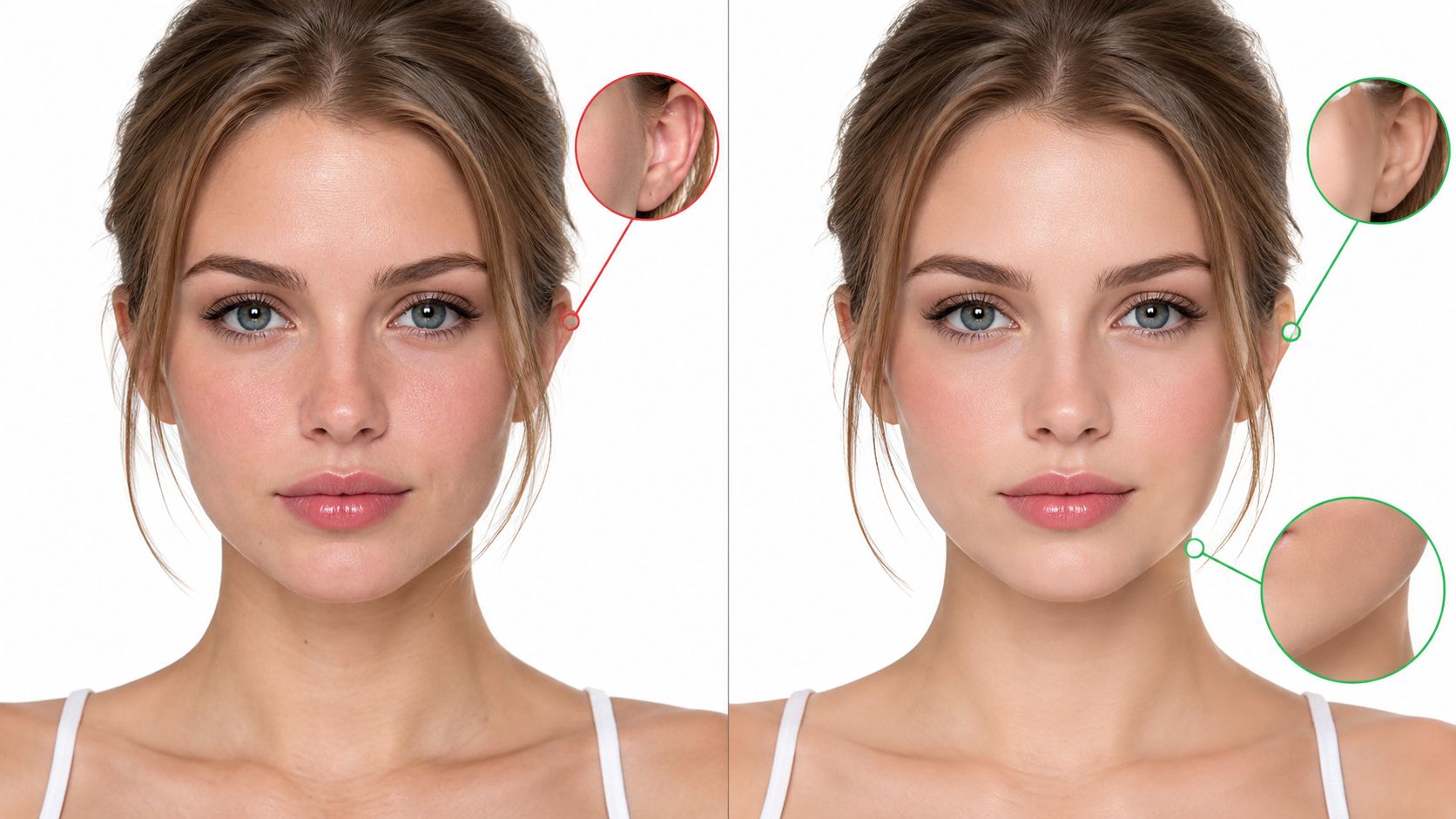 A comparison photo showing a woman's face before and after AI-powered skin retouching and enhancement.
