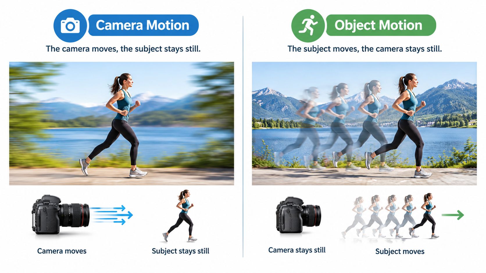 A diagram comparing camera motion blur with a moving background and object motion blur with a moving runner.