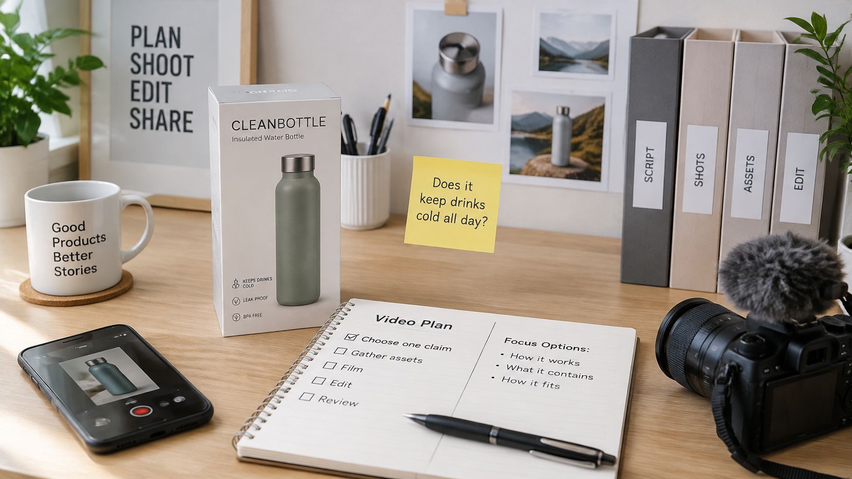 A clean desk workspace with a water bottle product, camera, notebook, and creative video planning notes.