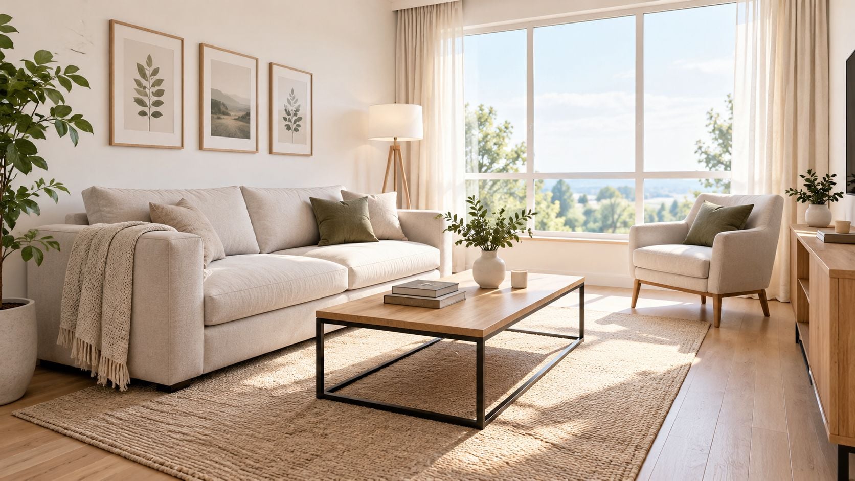 A modern sunlit living room featuring a cozy beige sofa, wooden coffee table, and an accent armchair.