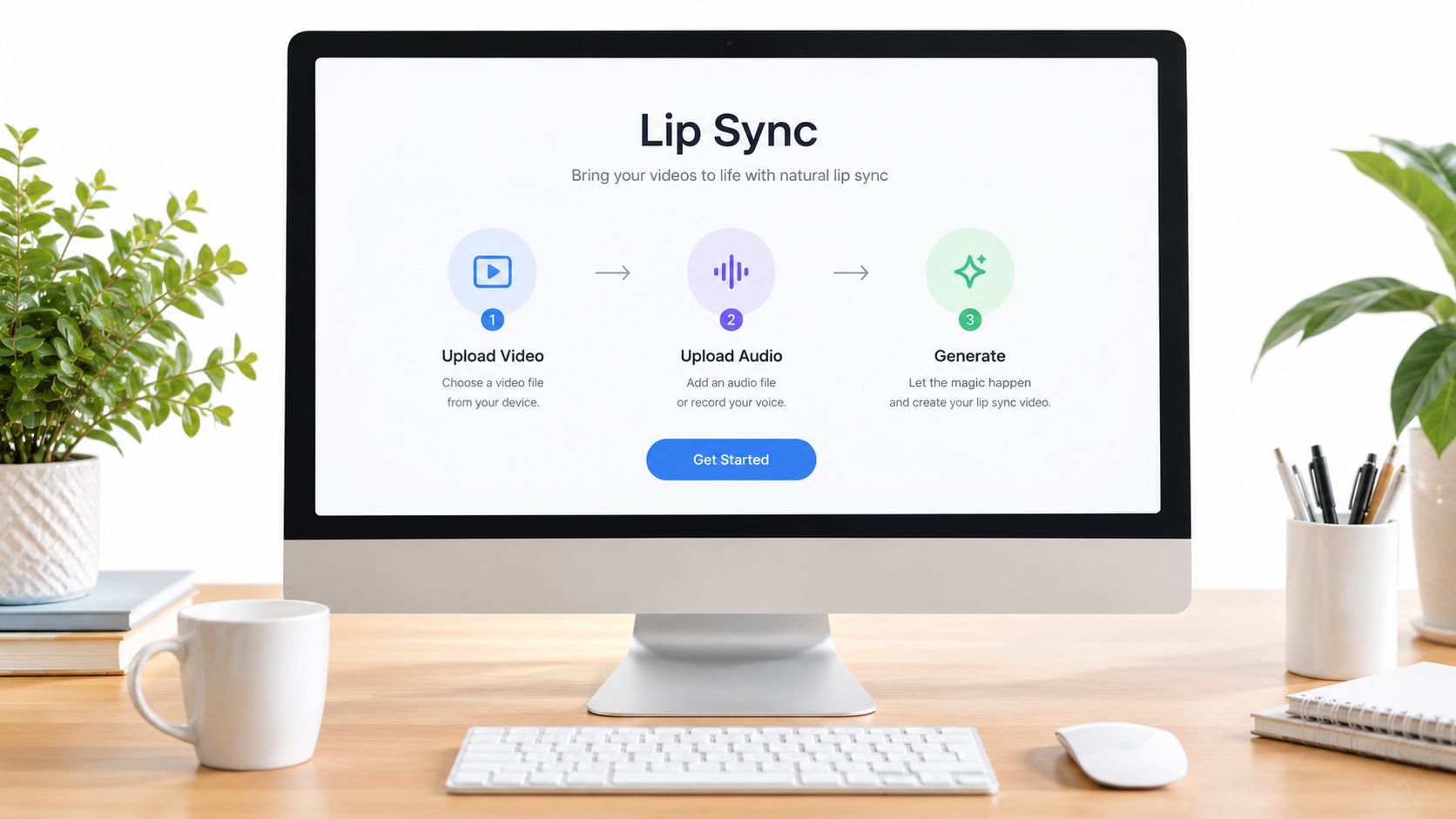 A desktop computer screen showing an interface for an artificial intelligence lip sync web application.