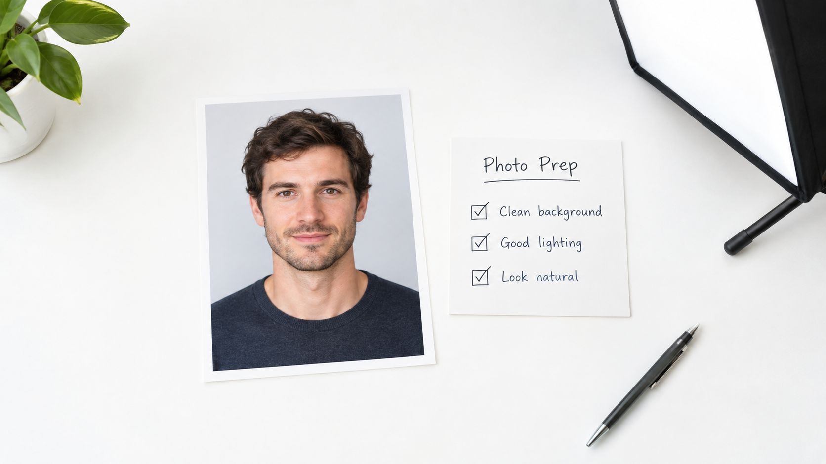 A checklist labeled Photo Prep next to a professional headshot and a softbox light on a desk.
