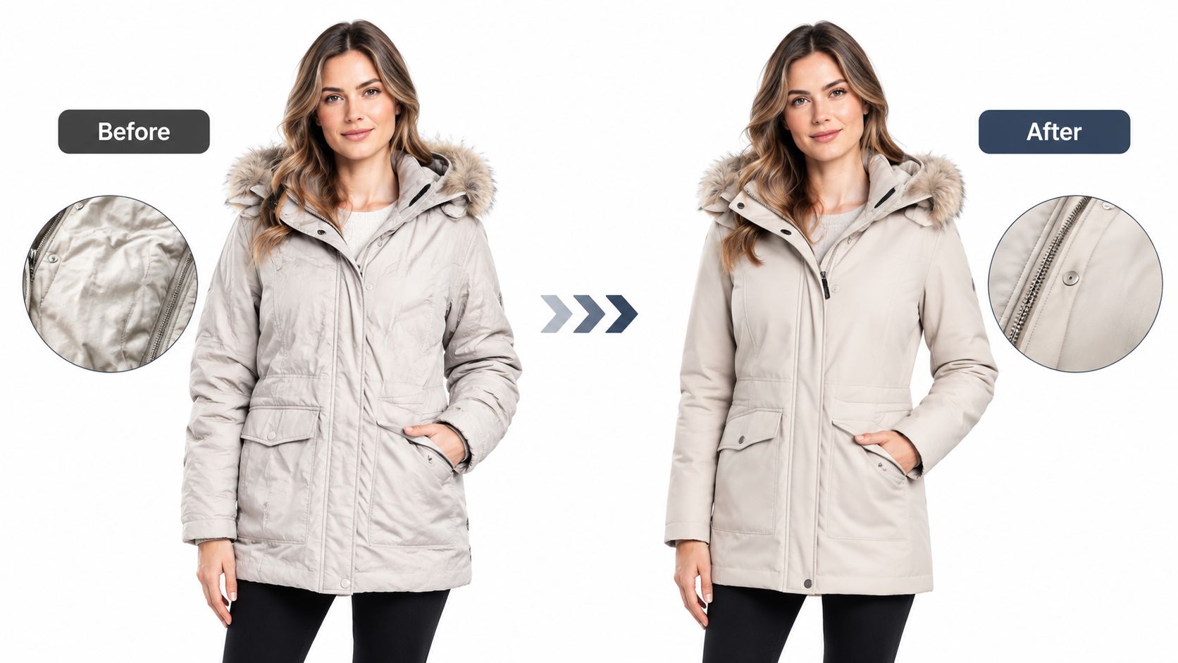 A split image showing a before and after comparison of a wrinkled beige winter jacket being smoothed.