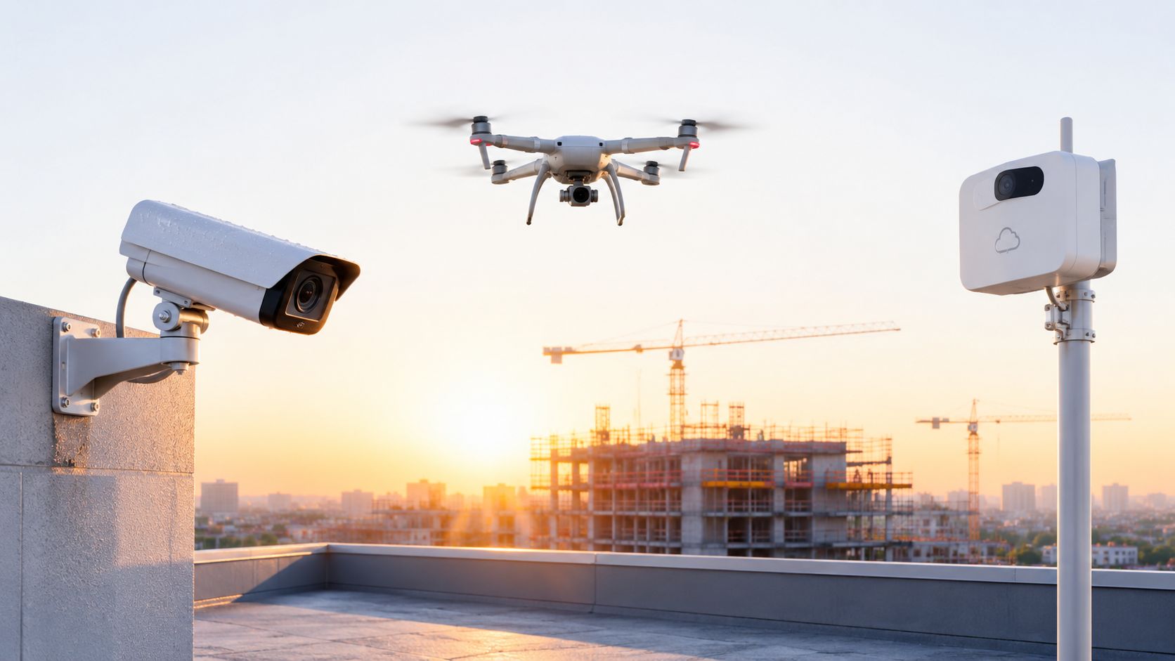 A construction site monitoring system with a drone, security camera, and cloud device at sunset.
