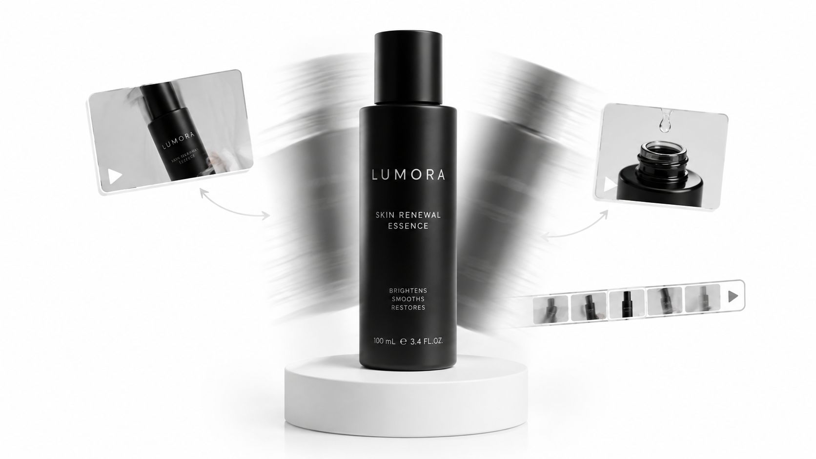A black skincare product bottle on a white pedestal with animated video frames around it.