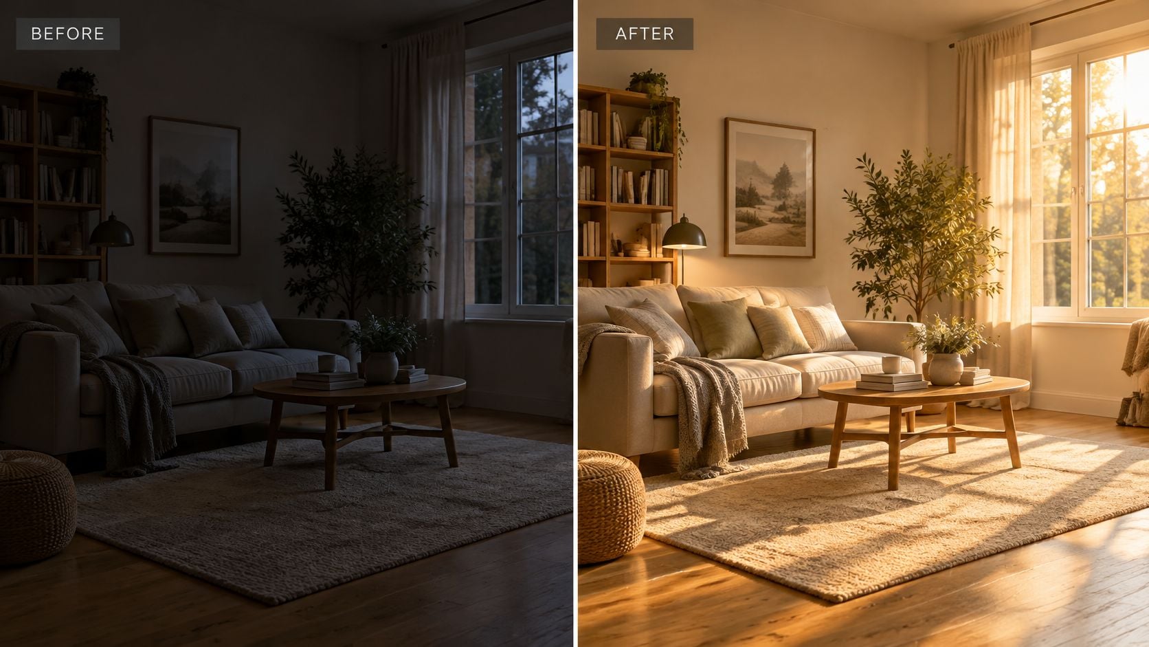 A living room interior showcasing the dramatic difference between dark nighttime lighting and warm, bright sunset illumination.