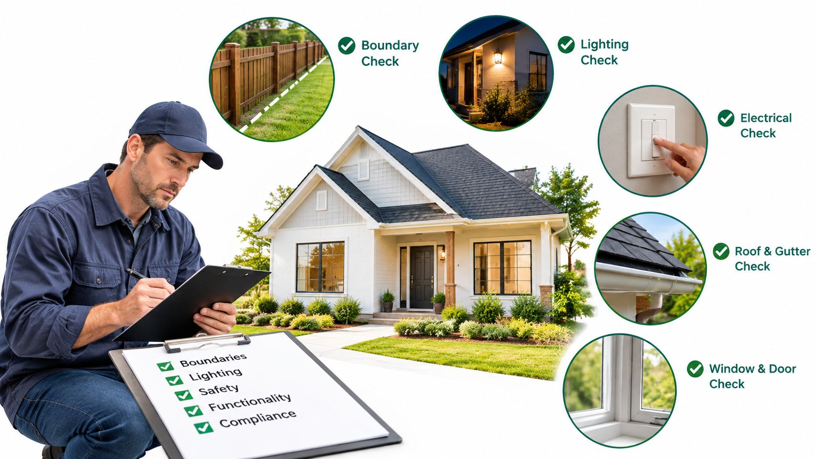 A home inspector filling out a checklist while evaluating a house's exterior features and maintenance status.