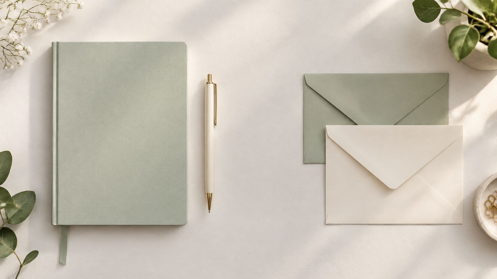 A minimalist flatlay featuring a green notebook, a pen, and two envelopes on a light surface.