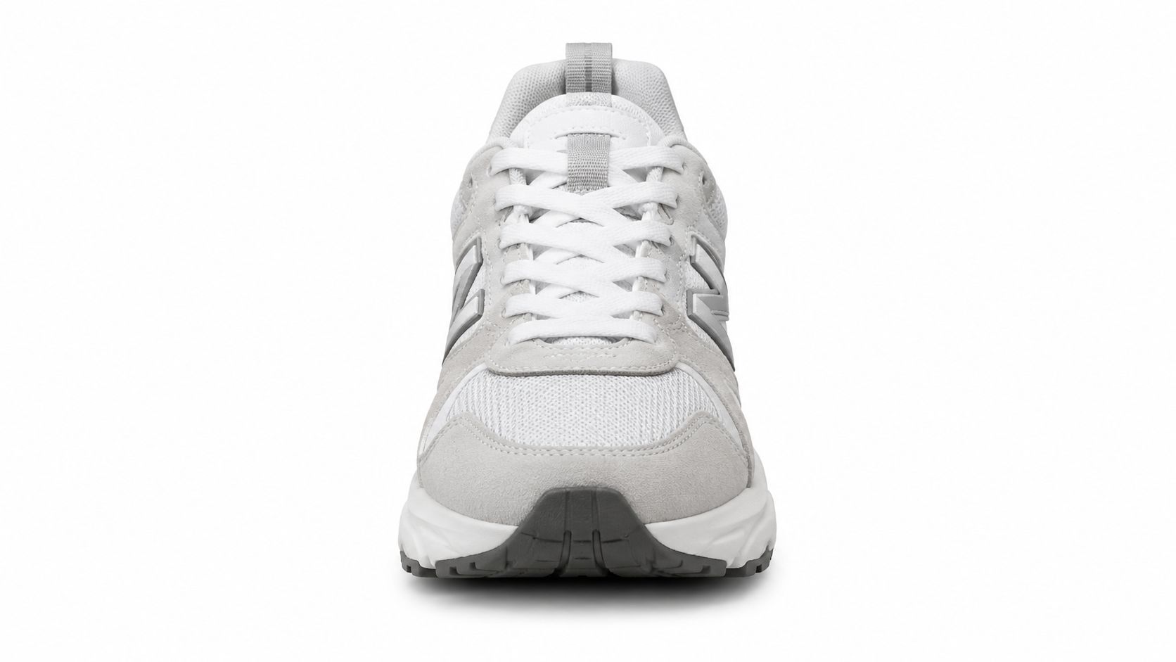 Front view of a gray and white New Balance running sneaker with mesh and suede details.