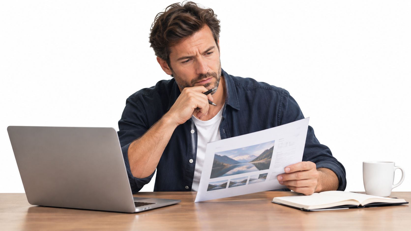 A focused man analyzing paper documents at his desk with a laptop and a mug nearby.