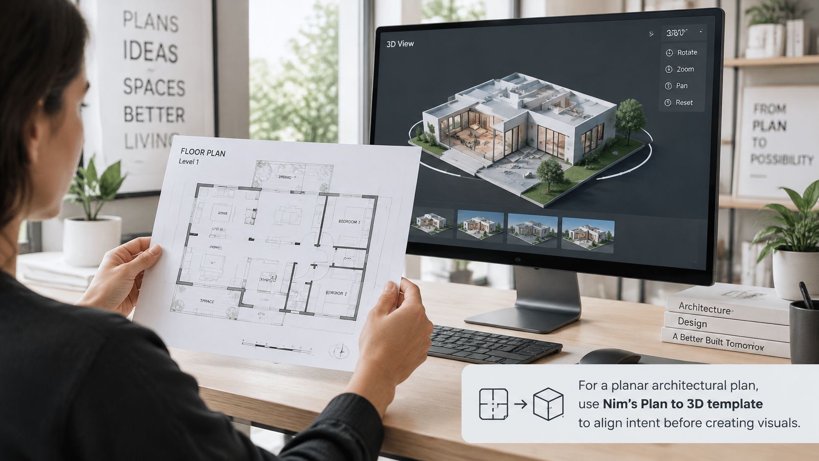 A person holding a printed architectural floor plan while viewing a 3D building model on a computer screen.