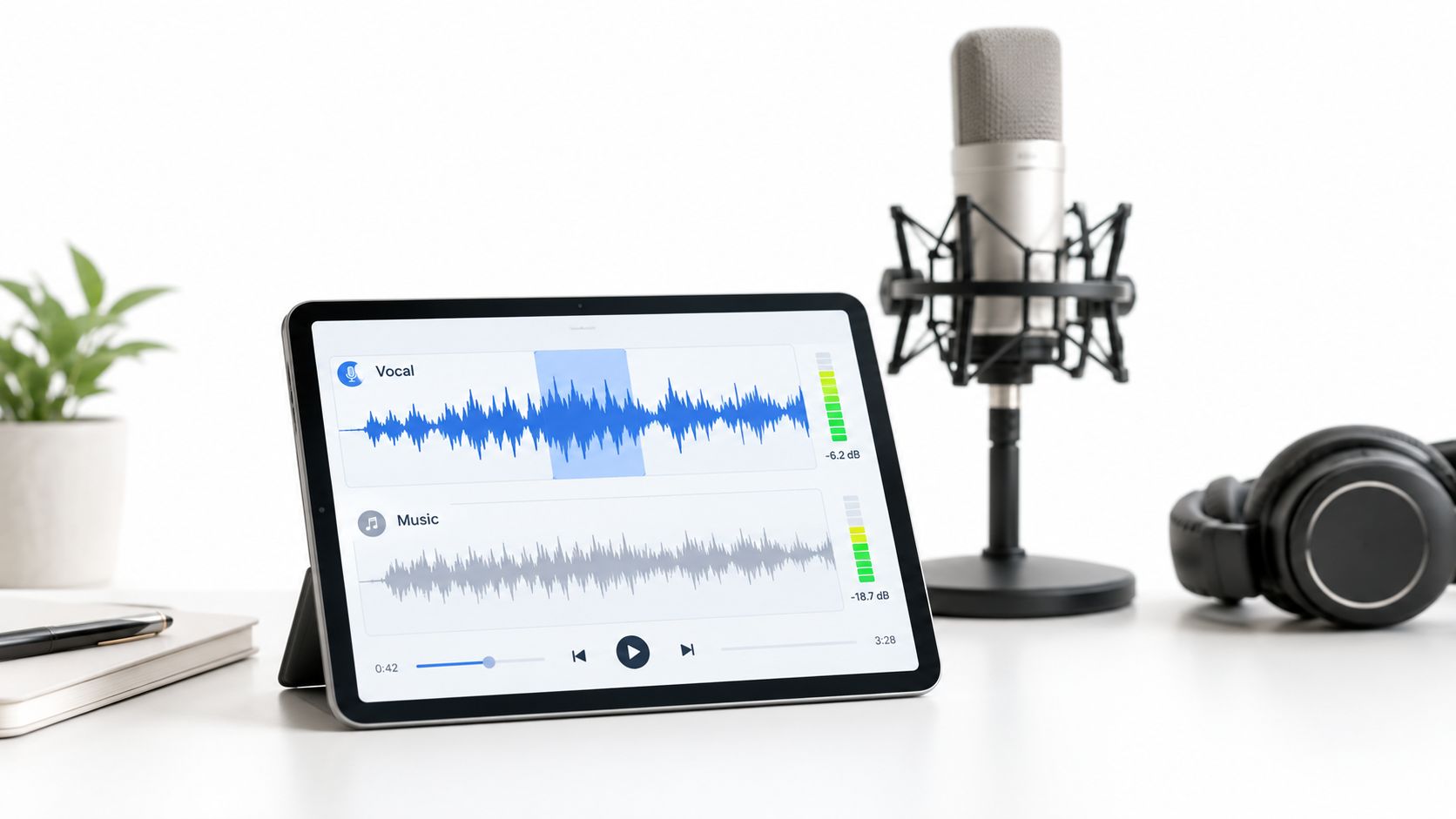 A digital tablet displaying an audio editing interface with vocal and music waveforms next to a microphone.