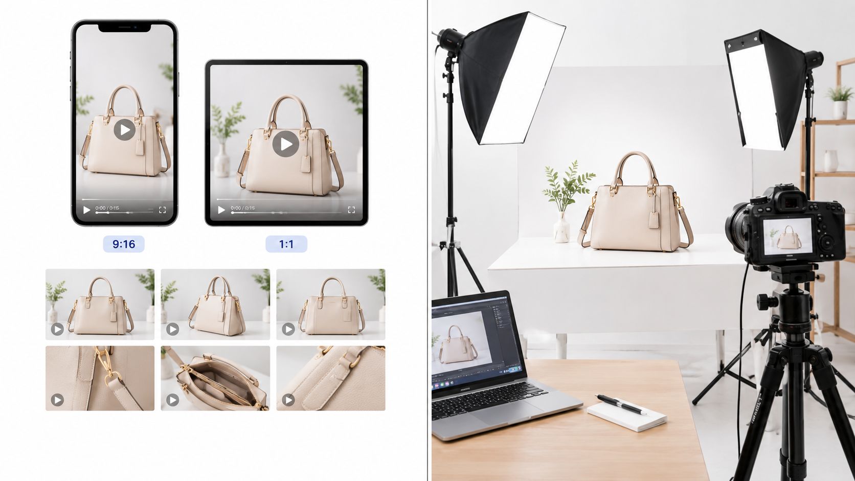 A product photography setup featuring a handbag, studio lighting, a camera on a tripod, and digital editing software.