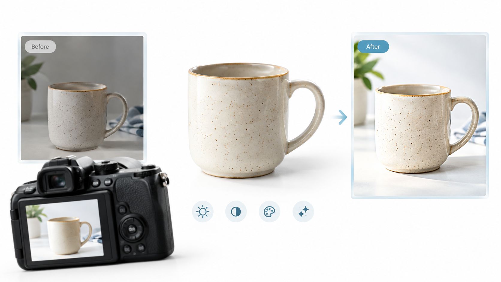 An AI photo editing tool transforming a standard mug product photo into a bright professional image.