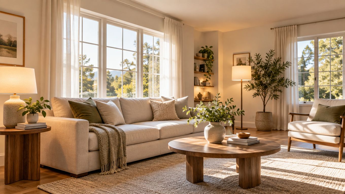 A bright, modern living room featuring a comfortable light-colored sofa, round wooden coffee table, and large sunny windows.