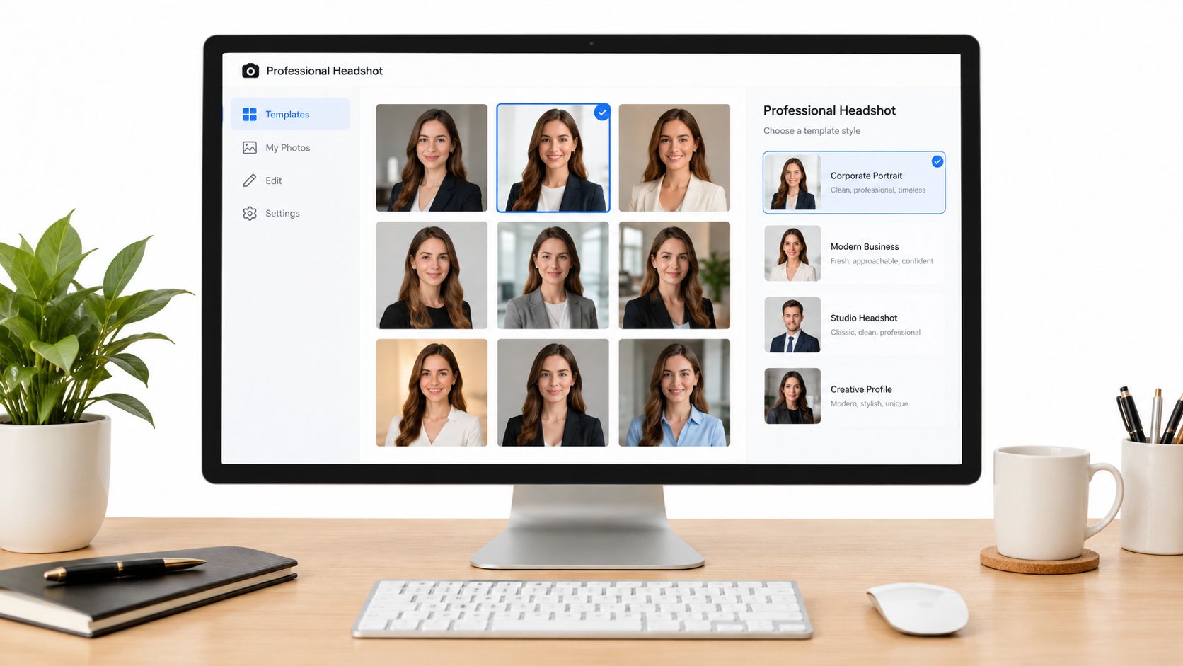 A modern computer screen displaying professional headshot editing software with various template options on a wooden desk.