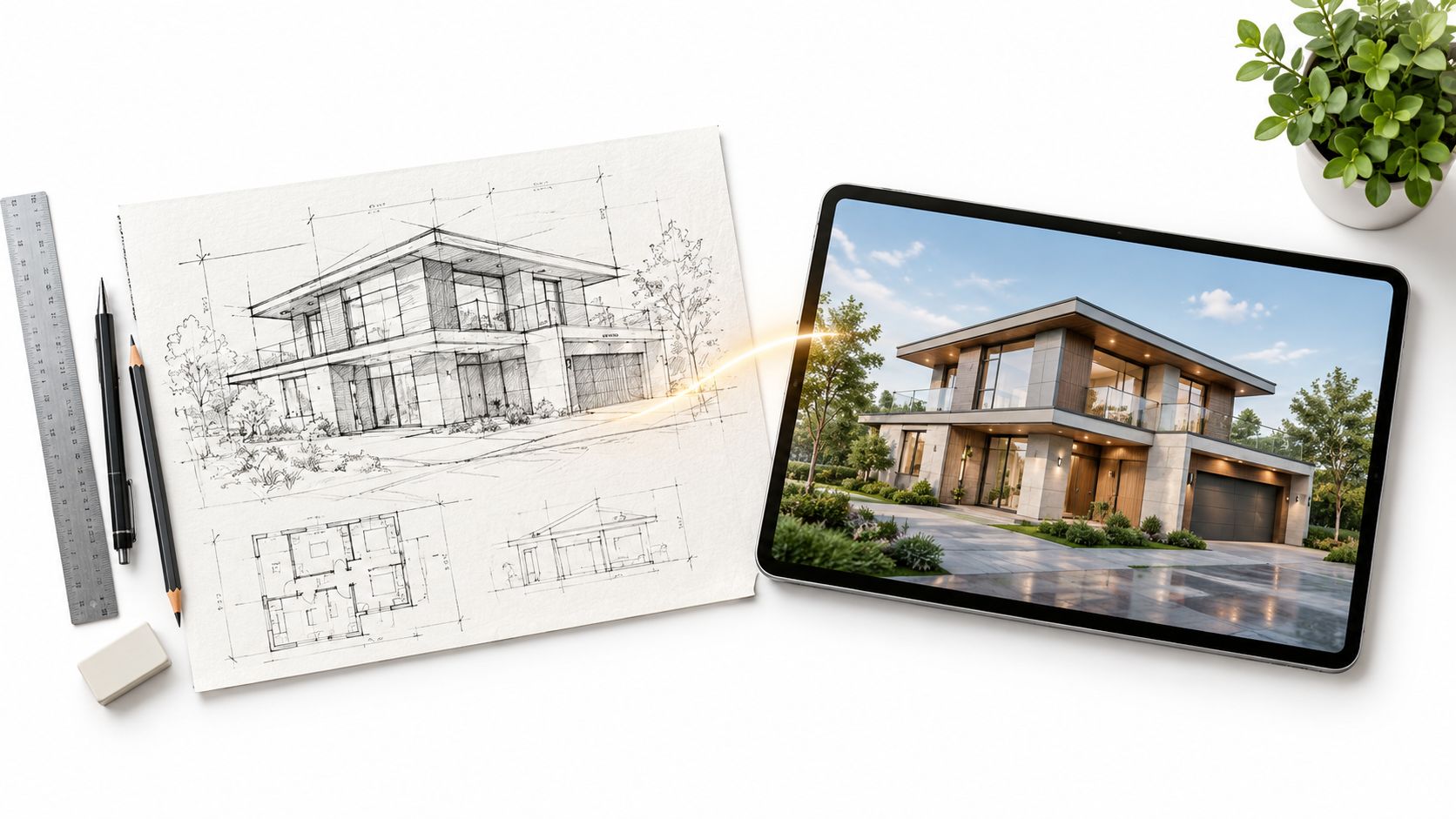 A tablet displaying a photorealistic house render next to architectural blueprints, pencils, and a ruler.