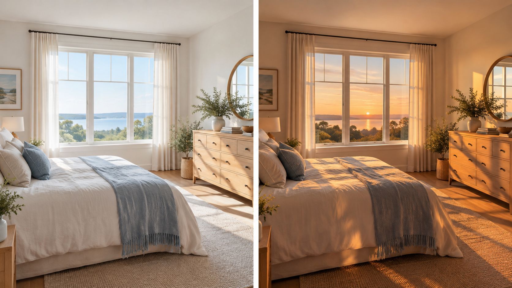 A split view of a cozy bedroom showing different lighting conditions with natural sunlight for home inspiration.
