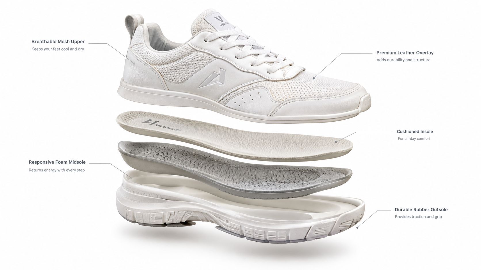An exploded view diagram of a white sneaker showing the different layers including mesh, insole, foam and outsole.